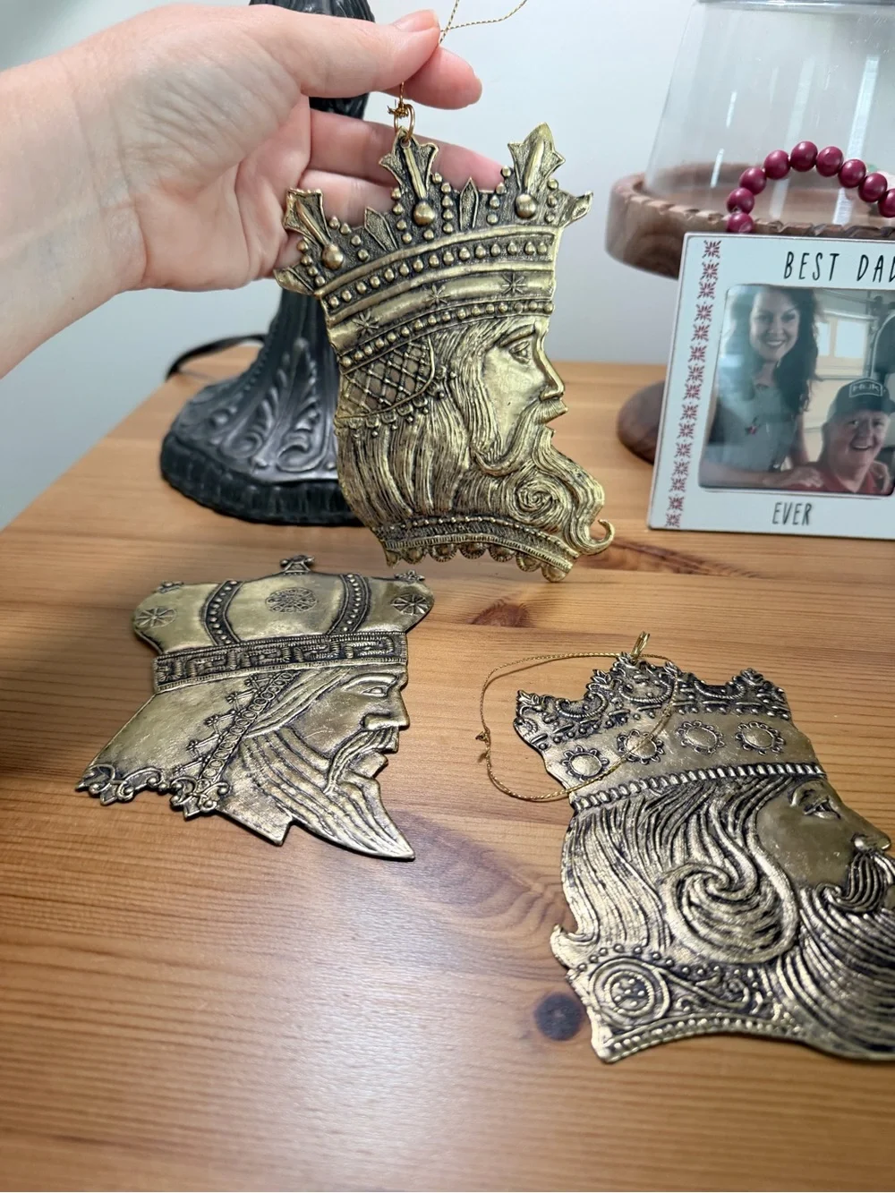 Vintage Gold King Head Ornament Trio